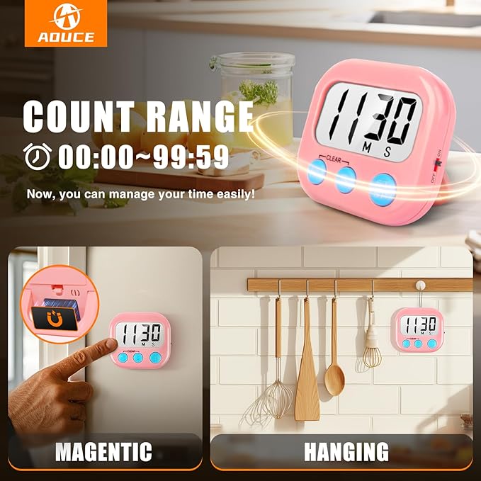 2 Pack Kitchen Timers Loud Ring Digital Timers for Cooking Magnetic Pink