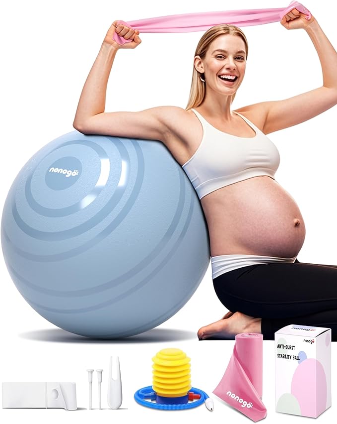 nonogo Birthing Ball for Pregnancy with Resistance Bands- Exercise Ball for Working Out, Yoga, Physical Therapy, Maternity Physio, Balance Stability Ball with Pump
