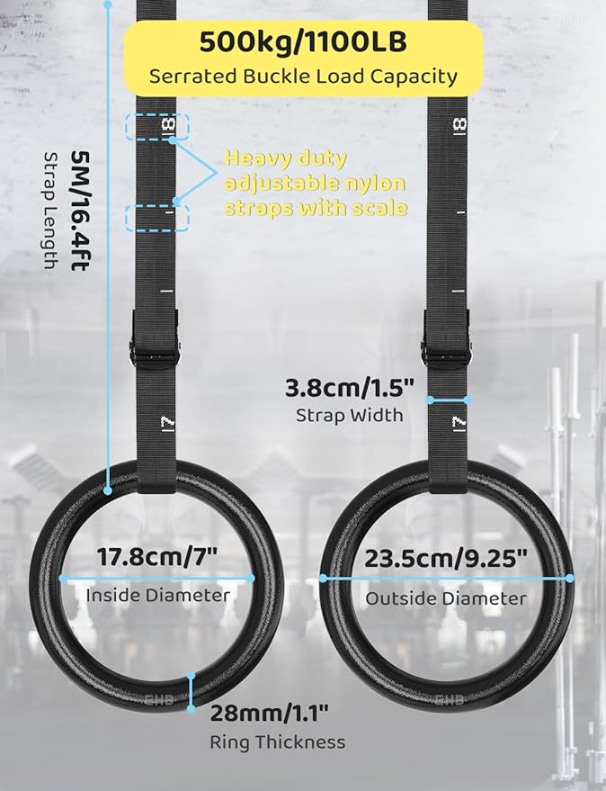 GHB Gymnastic Rings Gym Rings 1.1" Olympic Rings Adjustable Straps Pull Up Rings Sets for Workout Bodyweight Fitness Training