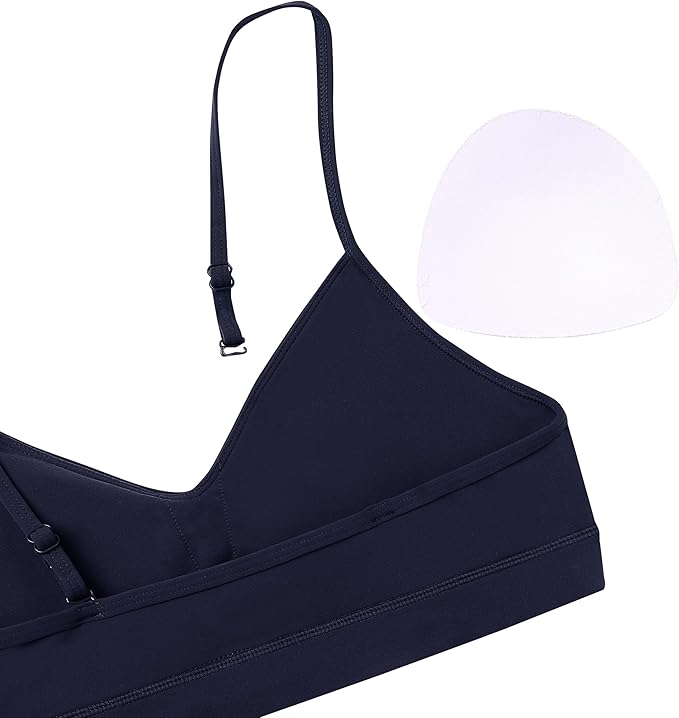 Oalka V Neck Sports Bra for Women Adjustable Padded Thin Straps Wireless Yoga Bras