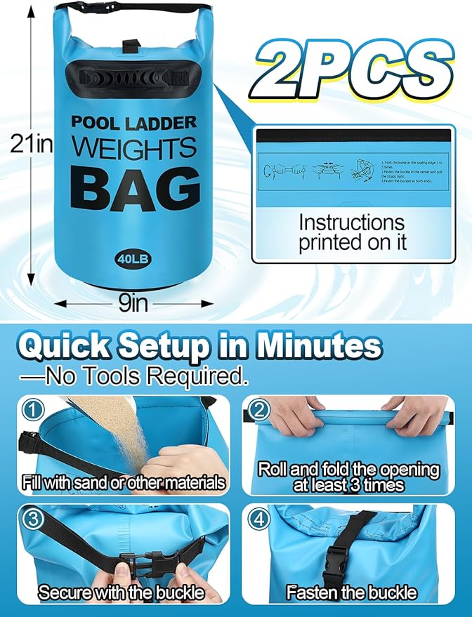 Cosweet 2 Pack Heavy Duty Pool Ladder Weights - 40lb Easy to Fill Anchor Bags, 500D PVC Waterproof Sand Bags with Handles & Secure Buckle Closure to Stabilize Above Ground Swimming Pool Steps