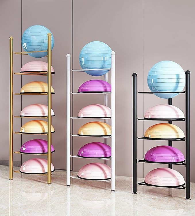Exercise Half Balance Ball Trainer Holder Storage Rack - Home Fitness Gym Workout Equipment 3/5/6/7 Tier Floor Stand Corner Storage Organizer for Basketball Bowling Medicine Yoga Bosu Balls(White,6 la
