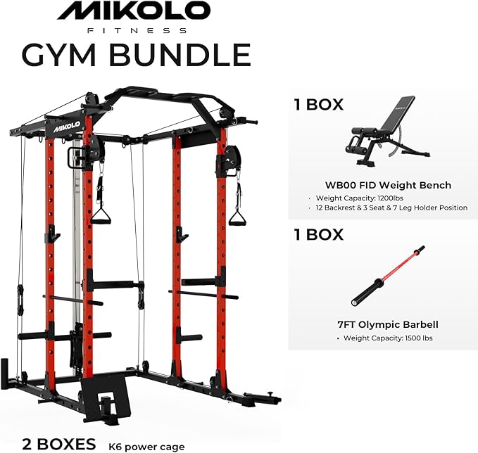 Mikolo Power Cage, Power Rack with Cable Crossover System, 1500LBS Squat Rack with LAT Pull Down System, Workout Cage with Pulley System for Fitness Home Gym