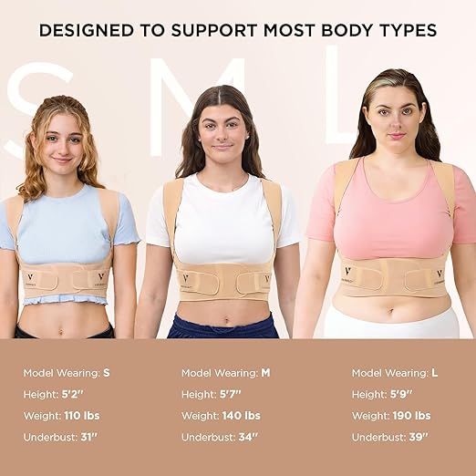 Vicorrect Adjustable Posture Corrector for Women: Comfortable Fit for Body Types - Invisible Under Clothes Wearable for Sitting and Exercise - Helps with Upper Back Shoulder Neck Pain (Beige, Medium)