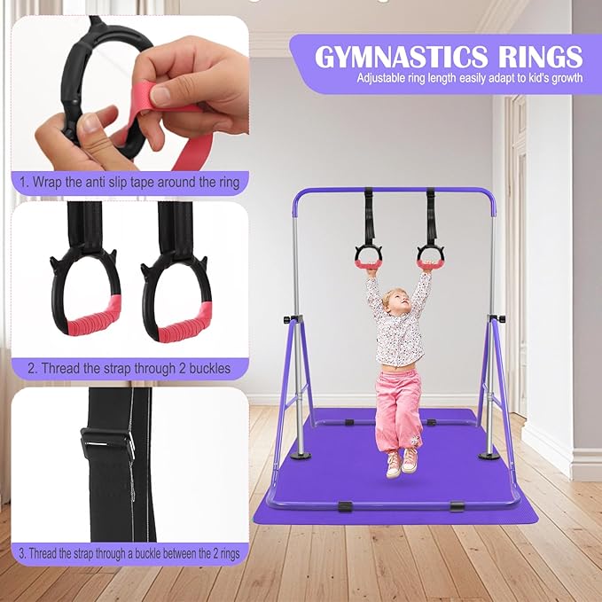 YEEGO DIRECT Gymnastics Bar for Kids with Rings, Folding Gymnastics Bars Horizontal Bar for Kids Ages 3-10, Expandable for Home Training Kids Gifts for Girls Boys
