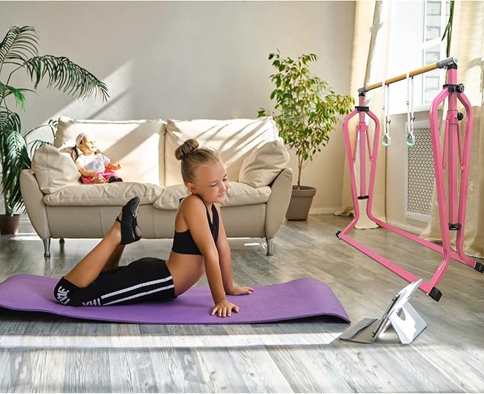 GLANT Gymnastics Bar for Kids with Rings Set, 7 Heights Adjustable Easy Folding Gymnastic Training Bar Kids Monkey Horizontal Bars - Max Load 300LBS