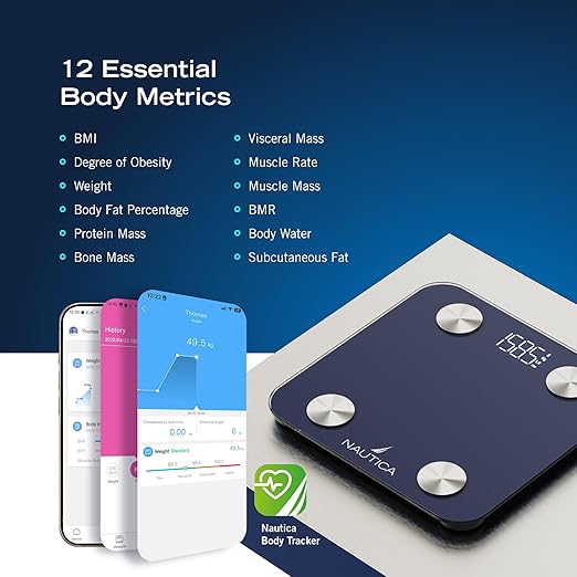 Nautica Body Tracker Digital Bathroom Scale, Bluetooth-Enabled Smart Scale with BMI, Body Fat, Muscle Mass Tracking & More, Syncs with Smartphone App for Body Composition Tracking, 396 Lbs.