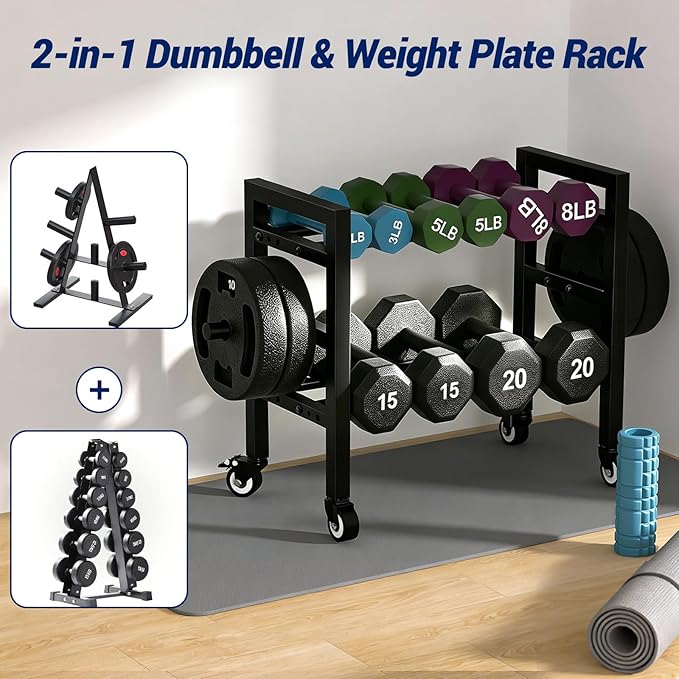 Dumbbell Rack Stand Only 2-Tier 20 IN Length Adjustable Small Weight Rack For Home Gym Dumbbells Kettlebell,350LB Capacity Heavy-Duty Compact Dumbbell Holder