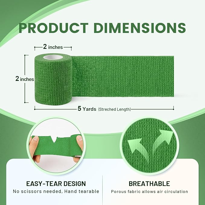 18 Pack Self Adhesive Bandage Wrap, 2 Inch Strong Cohesive Sports Tape in Jade Green, Wrist Tape for Stretch Athletic, Secure Support for Thumb Ankle Wounds and Sports Injury Protection