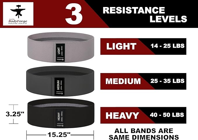 BodyForge Resistance Bands for Working Out, 3 Booty Bands for Women Men Fabric Elastic Bands for Exercise Bands for Legs Bands for Working Out Hip Thigh Glute Bands Set & with Carry Bag & Manual