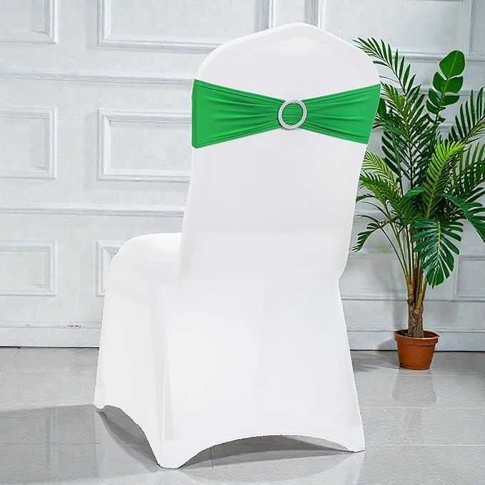 MDS Pack of 75 Spandex Chair Sashes Bow Universal fits Elastic Dining Chair Bands Ties with Buckle for Wedding Party Banquet Events Decoration Spandex Slider Sashes Bow - Light Green