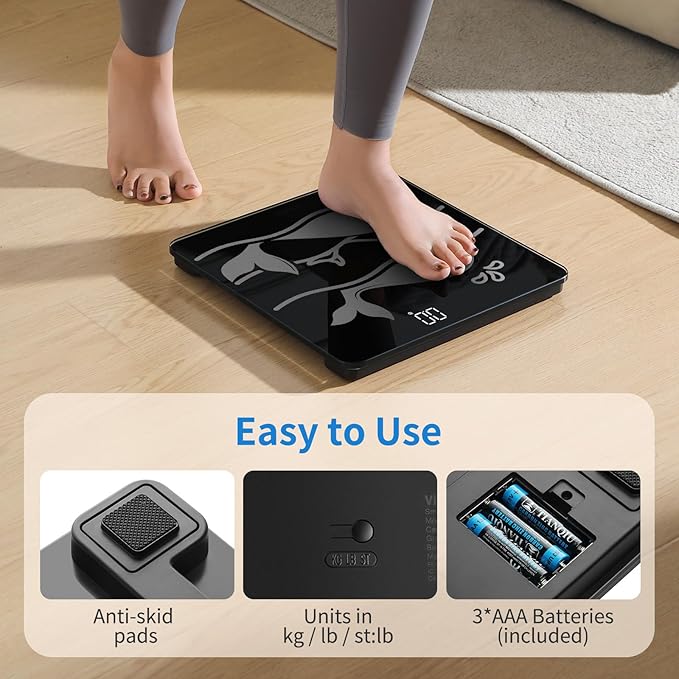 Vitafit Amazing 600lb Smart Bathroom Scale for Body Weight in 0.1lb, High Accuracy Assured by Scale Professional Factory Since 2001, Large Platform with 8mm Non-Slip Tempered Glass, LED, 3*AAA, Black