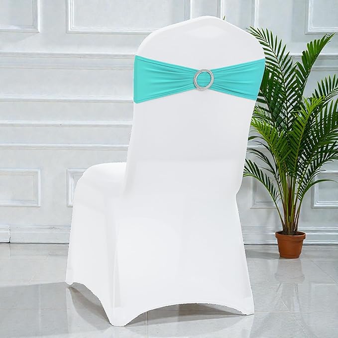 VDS - Aqua Blue | Spandex Chair Sashes Bows | 25 PCS | Stretch Elastic Banquet Universal Folding Chair Band Tie with Silver Buckle Slider for Wedding Party Conference Celebration Event Decoration
