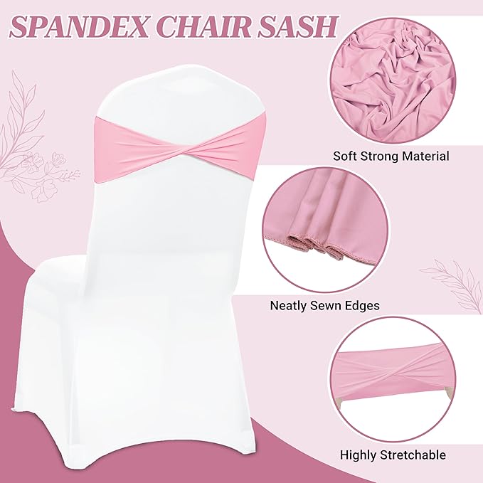 MDS Pack of 125 Spandex Chair Sashes Bows Elastic Stretch Dining Chair Bands Ties Without Slider Buckle Universal fits for Wedding Baby Shower Birthday Party Banquet Event Decoration - Pink