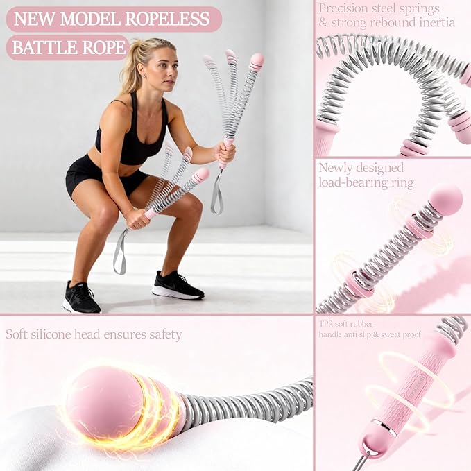 Ropeless Battle Ropes for Exercise Workout Rope, Portable Workout for Home Gym, Exercise Battle Ropes for HIIT Workouts, Low-Impact Cardio Training (Pink with Ring)