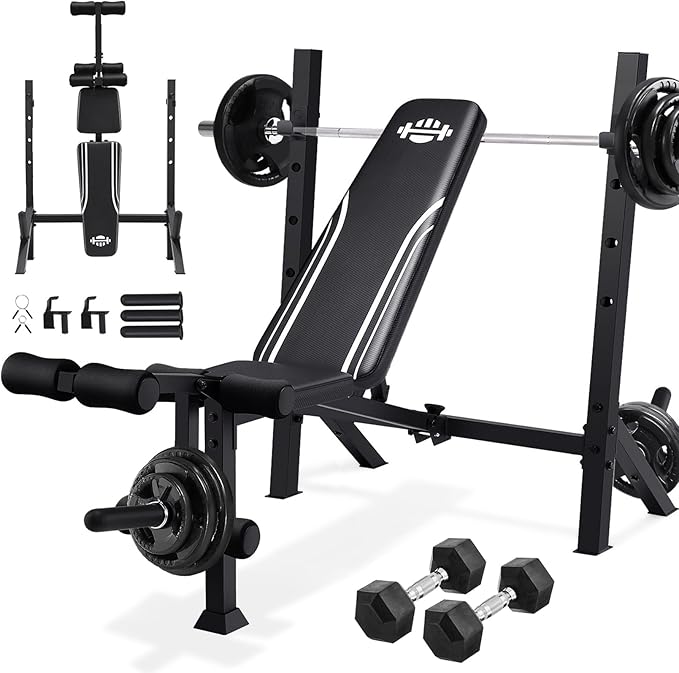 ANCHEER 900LBS Weight Bench Set with Barbell Rack, Heavy Duty Bench Press Set with Leg Extension and Leg Curl, Foldable Workout Benches for Home Gym with J Hooks & Olympic Sleeves (US Stock)