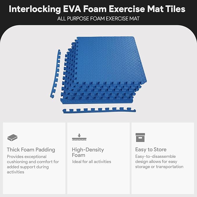BalanceFrom Puzzle Exercise Mat 3/4' Thick, EVA Interlocking Foam Floor Tiles for Home Gym, Mat for Home Workout Equipment, Floor Padding for Kids, Blue, 24 in x 24 in x 3/4 in, 24 Sq Ft - 6 Tiles