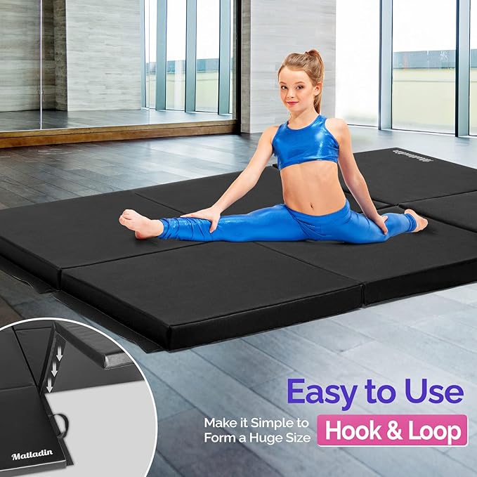 Matladin 6' Folding Tri-fold Gymnastics Gym Exercise Aerobics Mat, 6ft x 2ft x 2in PU Leather Tumbling Mats with Hook & Loop Fastener for Stretching Yoga Cheerleading Martial Arts