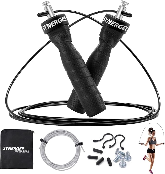 Synergee Jet Black Speed Jump Rope - (2) Adjustable 10 Ft Cable - Steel Ball Bearings - For CrossFit, MMA, Boxing & Fitness, Anti-Slip Handles.