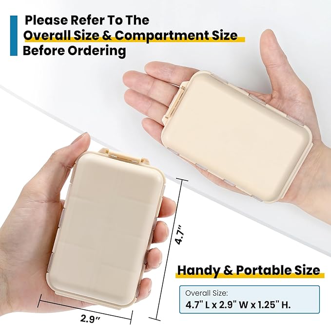 LANDNEOO 14 Grids Pill Organizer Box with Labels, Travel Medication Holder Dispenser Case Kit, Pocket Daily Pharmacy Container for Fish Oil Vitamin Supplement Storage, Khaki Pink Grey, 3 Pack