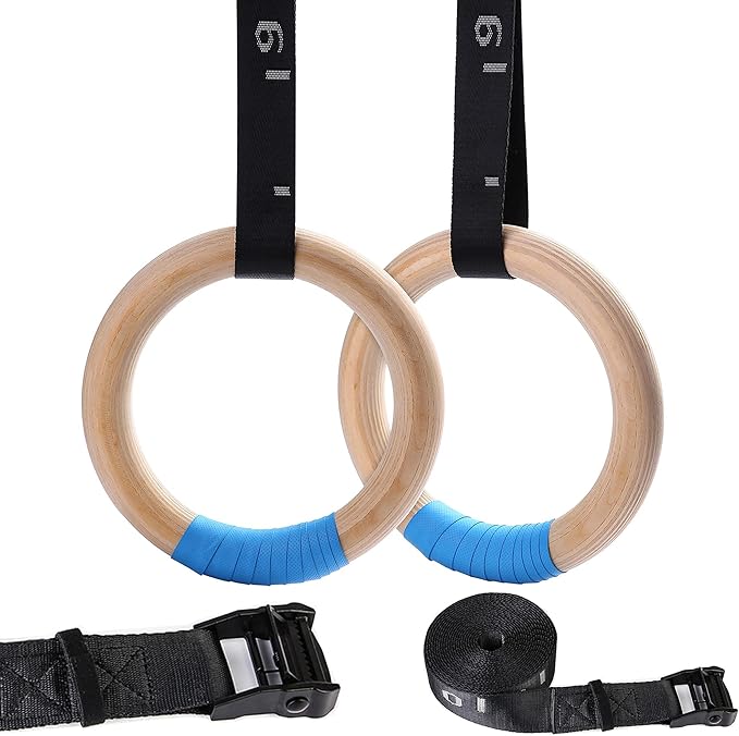 Wood Gymnastic Rings with Adjustable Number Suspension Trainer Straps with Cam Buckle 15ft Olympic Rings 32/28mm Heavy Duty 1543/992lbs for Pull Up Bar Workout Exercise Gym Hanging Rings Indoor