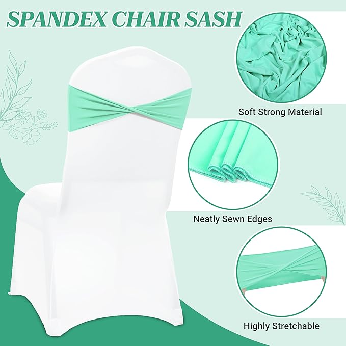 MDS Pack of 75 Spandex Chair Sashes Bows Elastic Stretch Dining Chair Bands Ties Without Slider Buckle Universal fits for Wedding Baby Shower Birthday Party Banquet Event Decoration - Sea Green