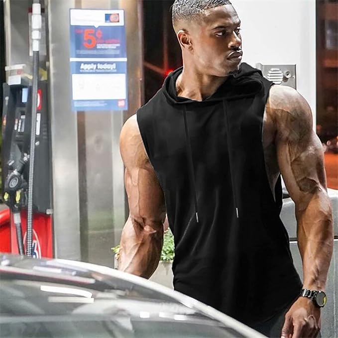 Babioboa Men's Workout Hooded Tank Tops Sports Training Sleeveless Gym Hoodies Bodybuilding Cut Off Muscle Shirts