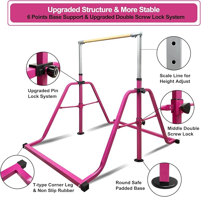 Foldable & Moveable Gymnastics Horizontal Bar with Rings,3’to 5’Adjustable Height Expandable Junior Kip Bar for Home,Indoor Gym Equipment for Kids