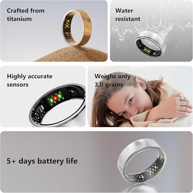 Titanium Smart Ring, Sleep & Activity Tracking Ring with Heart Rate, HRV, Stress Insights, 7-Day Battery Life, No Subscription, IP68 Waterproof, iOS & Android Compatible (Silver, 9)
