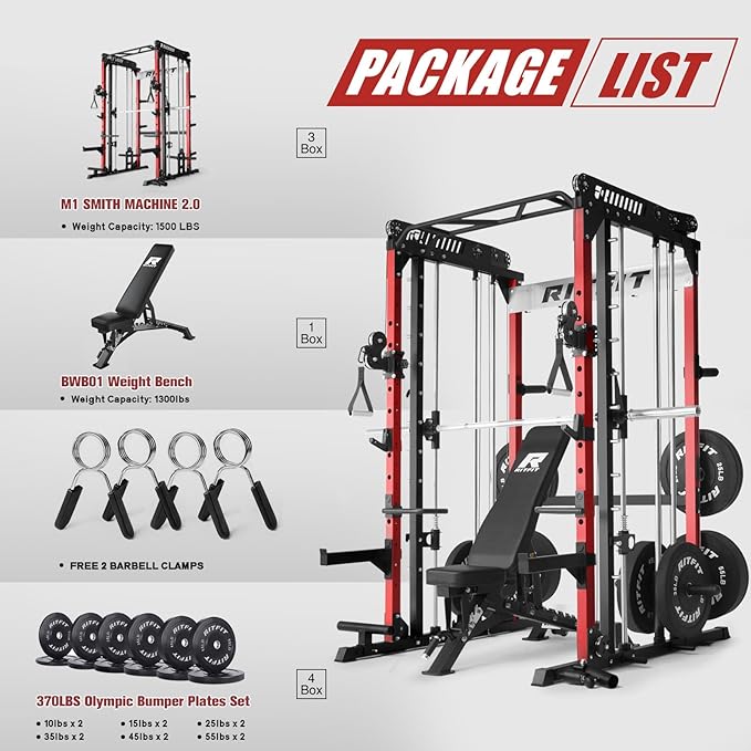 RitFit M1 Pro Smith Machine with Cable Crossover System, Multi-Function Squat Rack Power Cage for Home Gym, Power Rack and Packages