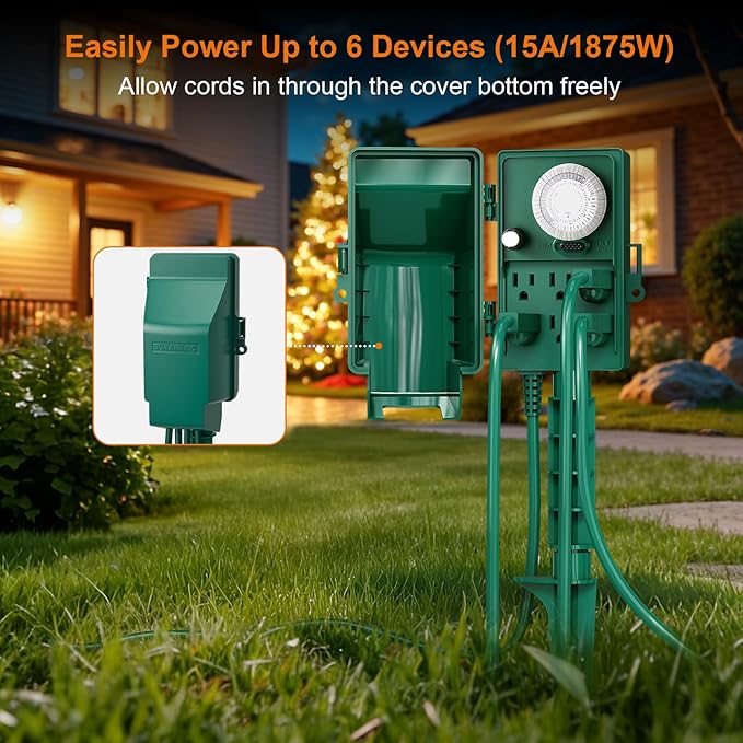 SURAIELEC Outdoor Power Stake, 24-Hour Mechanical Light Timer, Electrical Power Strip Weatherproof, 6FT Extension Cord Multiple Outlet Plug for Patio Lights, Christmas Decorations, Outdoor Light