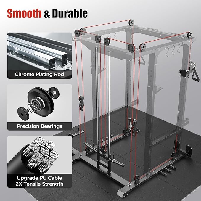 Sportsroyals Squat Rack, LAT Power Cage, Power Rack Multi-Function with Pulley System and Training Attachments for Home Gym