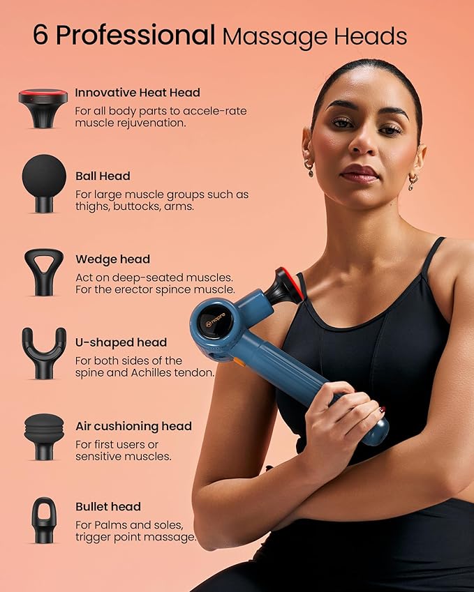 NAPRE Massage Gun with Heat,Massage Gun Deep Tissue with Extension Handle & 3 Adjustable Angles,Handheld Percussion Back Massager for Muscle/Neck/Body Pain Relief with Case,Mothers Day Gifts,Blue
