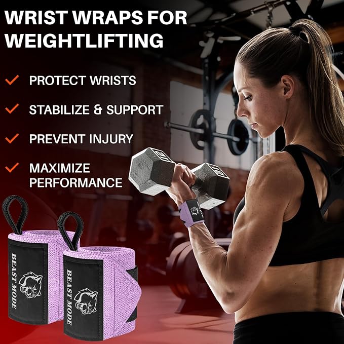 TECEUM Weightlifting Wrist Wraps with Thumb Loop – Pink – Beast Mode – 12 inch – Heavy-Duty Workout Wrist Support & Protection – Ideal for Powerlifting, Strength Training, Bodybuilding