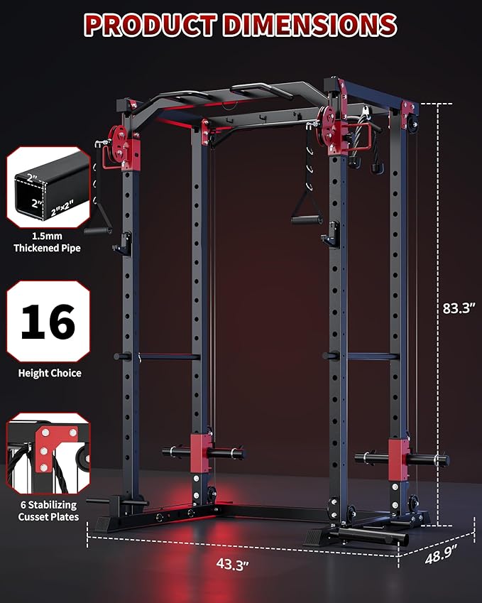 GarveeLife Power Cage, Power Rack with Cable Crossover System, 2000LBS Squat Rack with LAT Pull Down System, Workout Cage with Pulley System for Fitness Home Gym Strength Training(Red and Black)