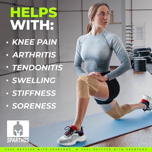 Sparthos Knee Compression Sleeves (Pair) – Joint Protection and Support for Sports, Running – Knee Brace for Men and Women – ACL Bursitis Meniscus Tear - Check Size Chart (Beige-L, 10-12″ Knee)