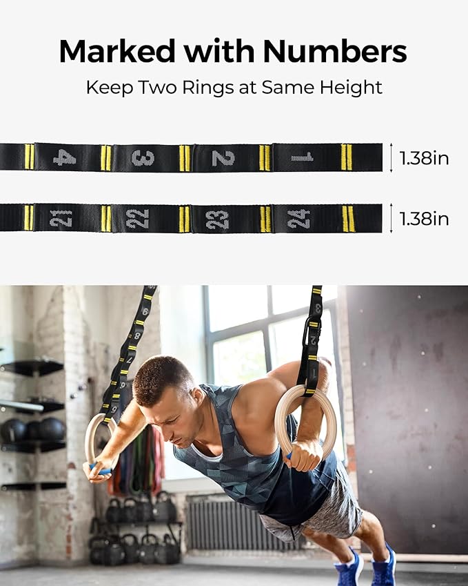 PACEARTH Gymnastics Rings 32mm Wooden Olympic Rings Support 1500lbs Locked Carabiners 9ft Double-Layer Numbered Straps Non-Slip Gym Rings with Foot Straps Door Anchor for Home Gym Full Body Workout