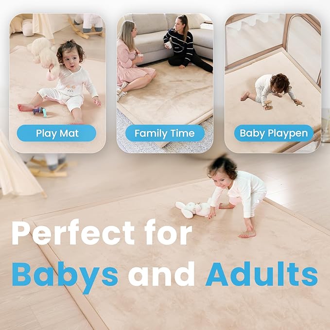 1.3" Thick Foam Baby Play Mat Extra Large 79x158, Basic Padded Plush Tummy Time Crawling Mat, Non-Slip Support Area Rug for Playroom Nursey Living Room (Beige)