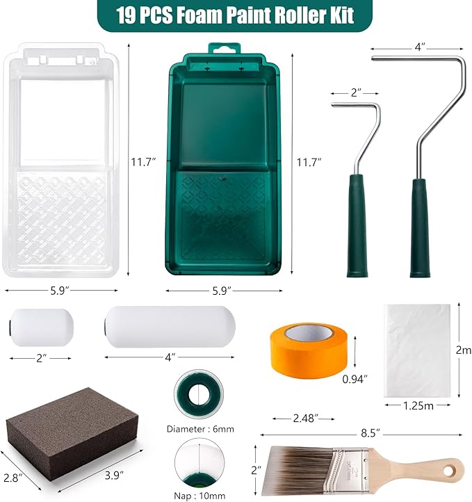Paint Roller Kit, 19 Pack, 4"2" Small Foam Paint Roller, Mini Paint Roller with Foam Roller Covers, Paint Tray Liners, Roller Paint Brush, Paint Supplies for Painting Walls, Trim, Ceilings