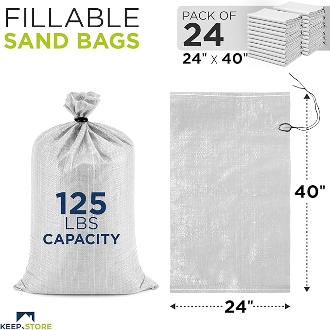 Heavy Duty Sand Bags Pack of 24, White Empty Sandbags with Built-In Ties, Woven Polypropylene UV Protection 1600 Hours, Fillable Bags for Flood Control, Weight, 24x40 inches, 125 Pounds Volume