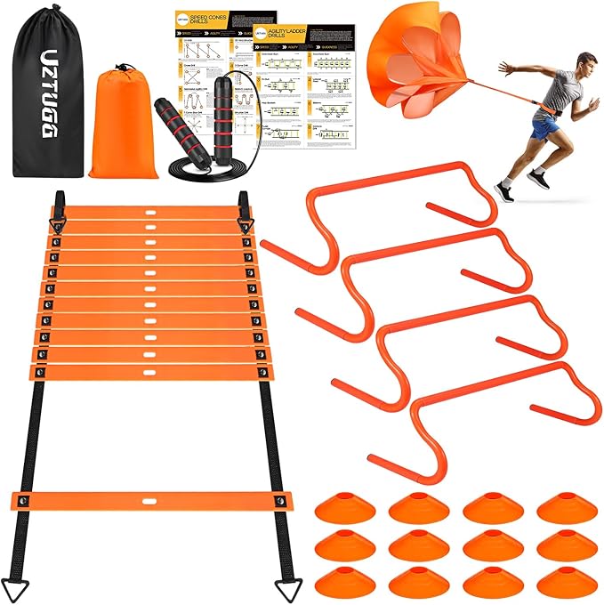 UZTUGG Soccer Training Equipment, Speed Agility Training Equipment for Youth Adults, 20ft Agility Ladder, 4 Hurdles, Jump Rope, 12 Cones, Running Parachute, Basketball Football Training Equipment