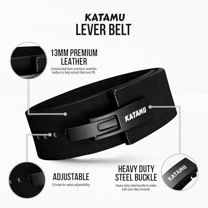 Katamu Premium Leather Lever Weightlifting Belt – Secure Steel Lever, Powerlifting Support for Deadlifts, Squats & Heavy Lifts - Lift More, Look Good