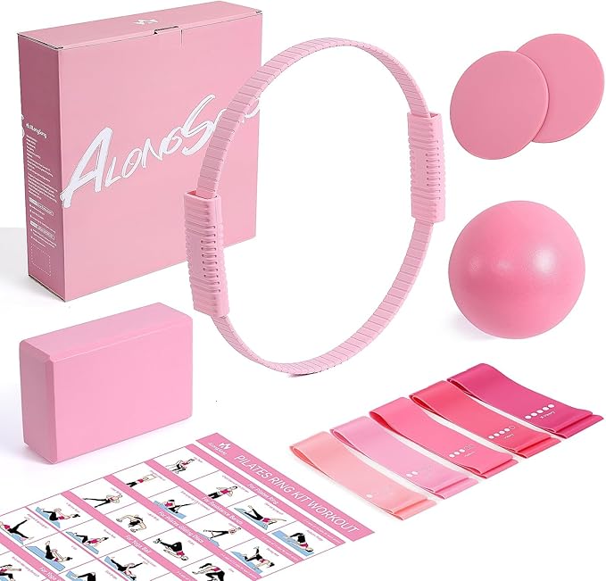 ALongSong Pilates Kit for Women, 13.7in Silicone Pilates Ring with 5 Resistance Bands, 1 Yoga Ball, 1 Yoga Block, 2 Core Sliders, Video Guide for Full Body Home Workouts