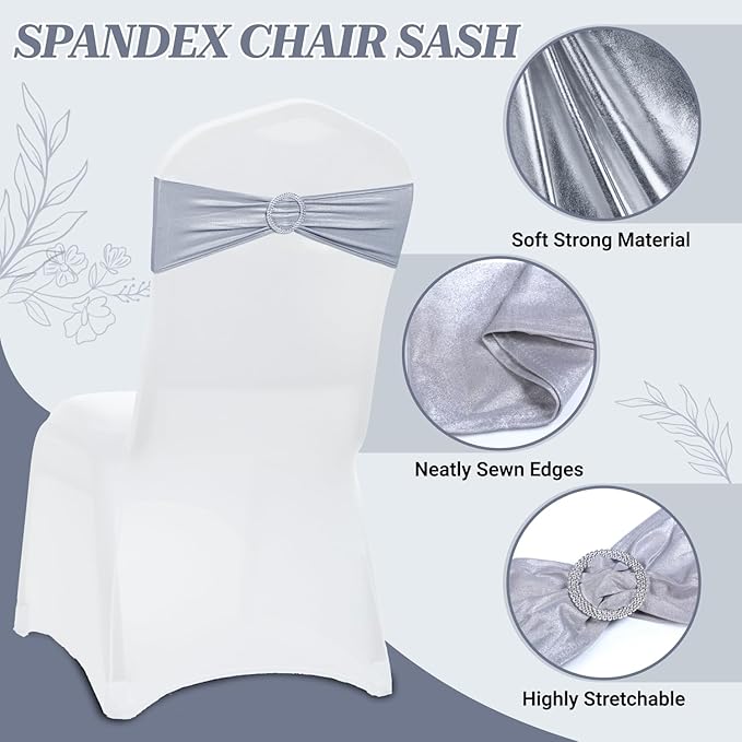 MDS Pack of 125 Spandex Foil Chair Sashes Bow Universal fits Elastic Stretch Chair Bands Ties with Buckle for Wedding Lycra Slider Bow - Metallic/zari/Sparkle Silver