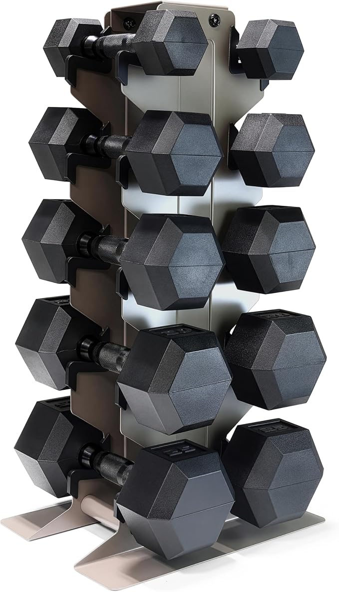 CAP Barbell Rubber Coated Hex Dumbbell Set with Vertical Rack | 100-300 lbs Free Weights Dumbbells Set for Home Gym | Multiple Options