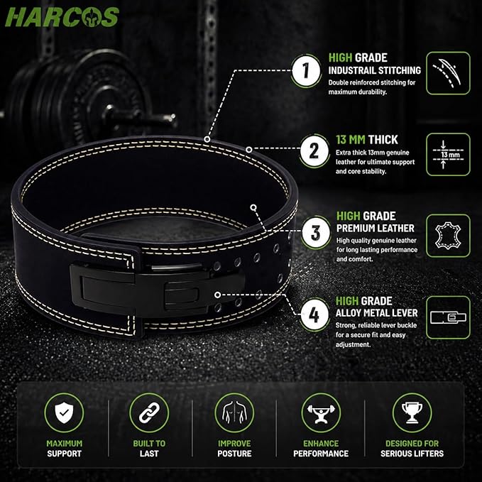 Harcos 13mm Premium Full Grain Leather Lever Weight Lifting Belt for Men & Women – Premium Gym Belt for Powerlifting, Squats, Deadlifts – Heavy Duty Lever Buckle – Weightlifting Belt for Gym Training & Bodybuilding