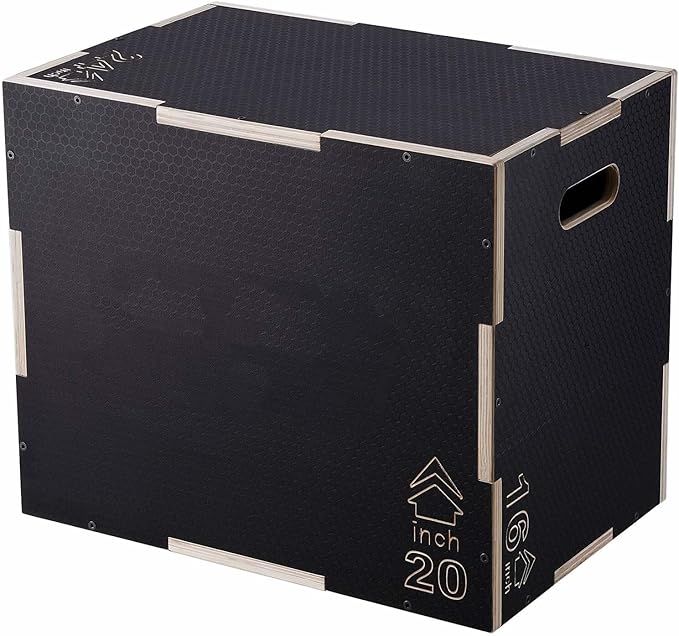 Plyometric Jump Box, 24/20/16 Inch Wooden Plyo Box - 3-in-1 Fitness Step Platform for Strength Training, Agility, Home Gym, Black