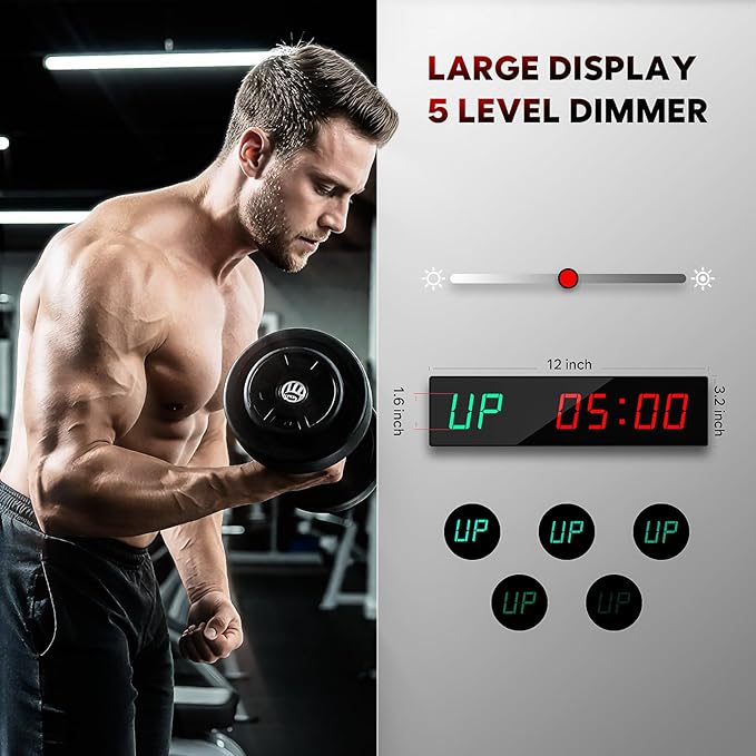 Dienmern Large Digital Gym Timer – Remote Control Gym Clock Wall with 9 Custom Modes Countdown/UP/Stopwatch/Interval, Workout Timer for Home Gym/Garage/Boxing/Outdoor Sport