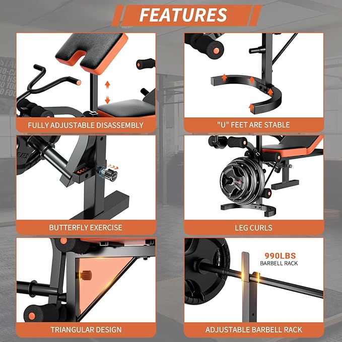 Fostoy Adjustable Weight Bench, Bench Press with Squat Rack, Olympic Weight Bench for Home Gym, Workout Bench with Preacher Curl Pad and Leg Develope for Full-Body Strength Training