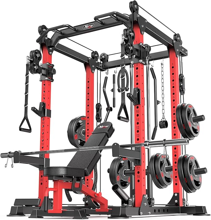 Power Cage Multi-Function Power Rack with Cable Crossover System,1500 LBS Capacity Squat Rack with Weight Bench,for Home Gym